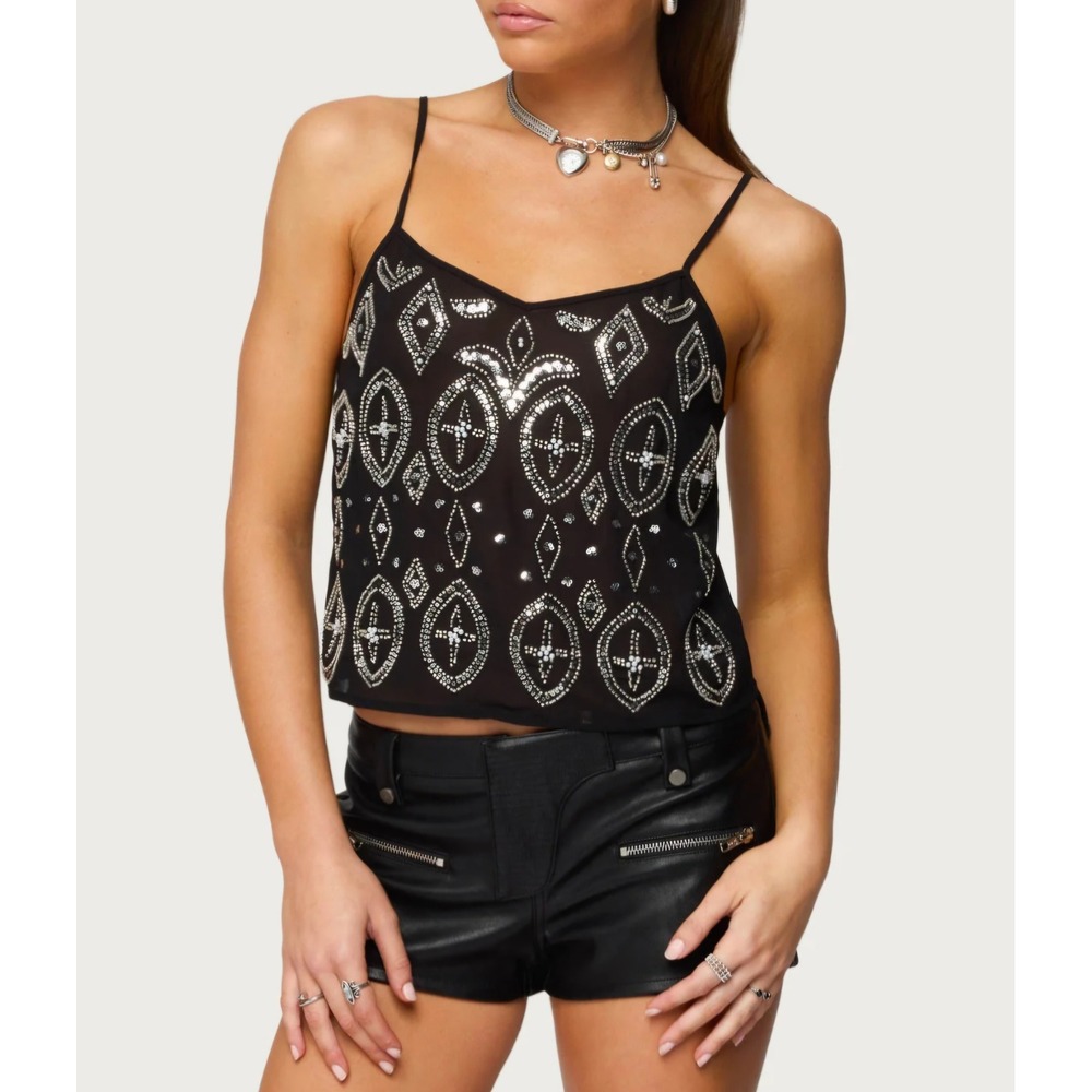 New Edikted Y2K Cami Crop Top S Black Sequin Beaded Euphoria NYE Party Club Rave